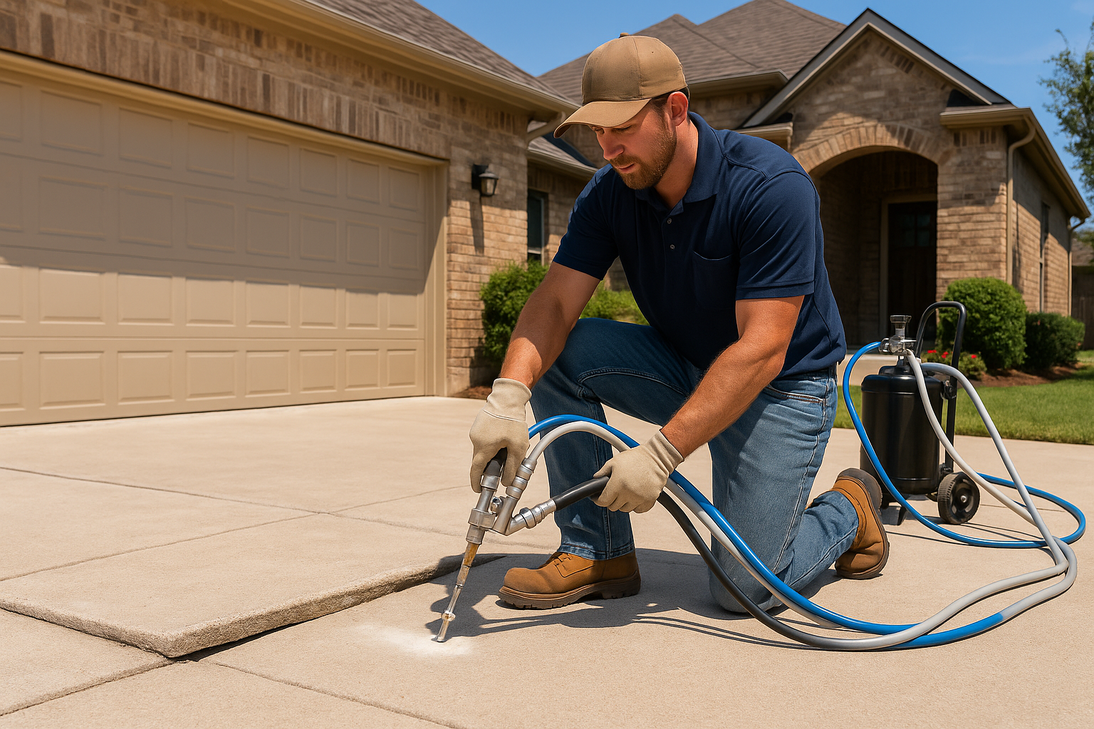 Contractor lifting a sunken concrete driveway slab using polyurethane foam injection